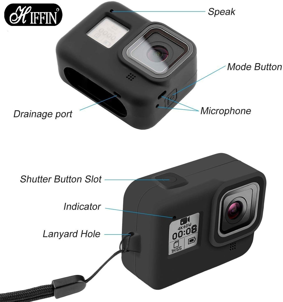 HIFFIN® Protective Silicone Pack of 2 pcs Sleeve Case + Lanyard Accessories Soft Rubber Frame Cover Protection for Go Pro Compatible with GoPro Hero 8 Black Action Camera (Black+Blue)