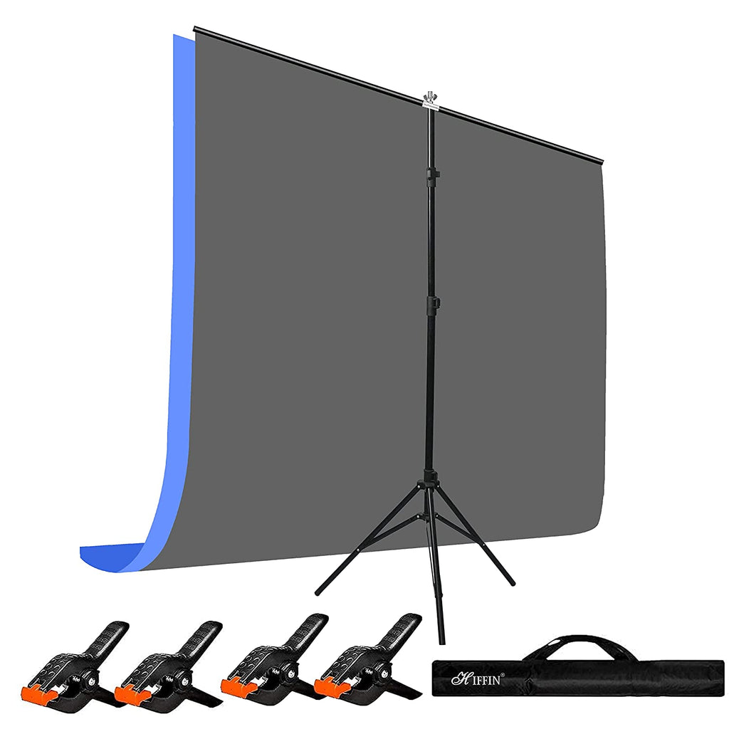 HIFFIN® Blue|Grey Screen Backdrop 8x12 ft with Stand -6x9FT Photography Backdrop with 1PC 6.5FT T-Shape Backdrop Stands, 4PCs Spring Clamps, 1PCs Carry Bag