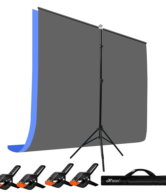 HIFFIN® Blue|Grey Screen Backdrop 8x12 ft with Stand -6x9FT Photography Backdrop with 1PC 6.5FT T-Shape Backdrop Stands, 4PCs Spring Clamps, 1PCs Carry Bag