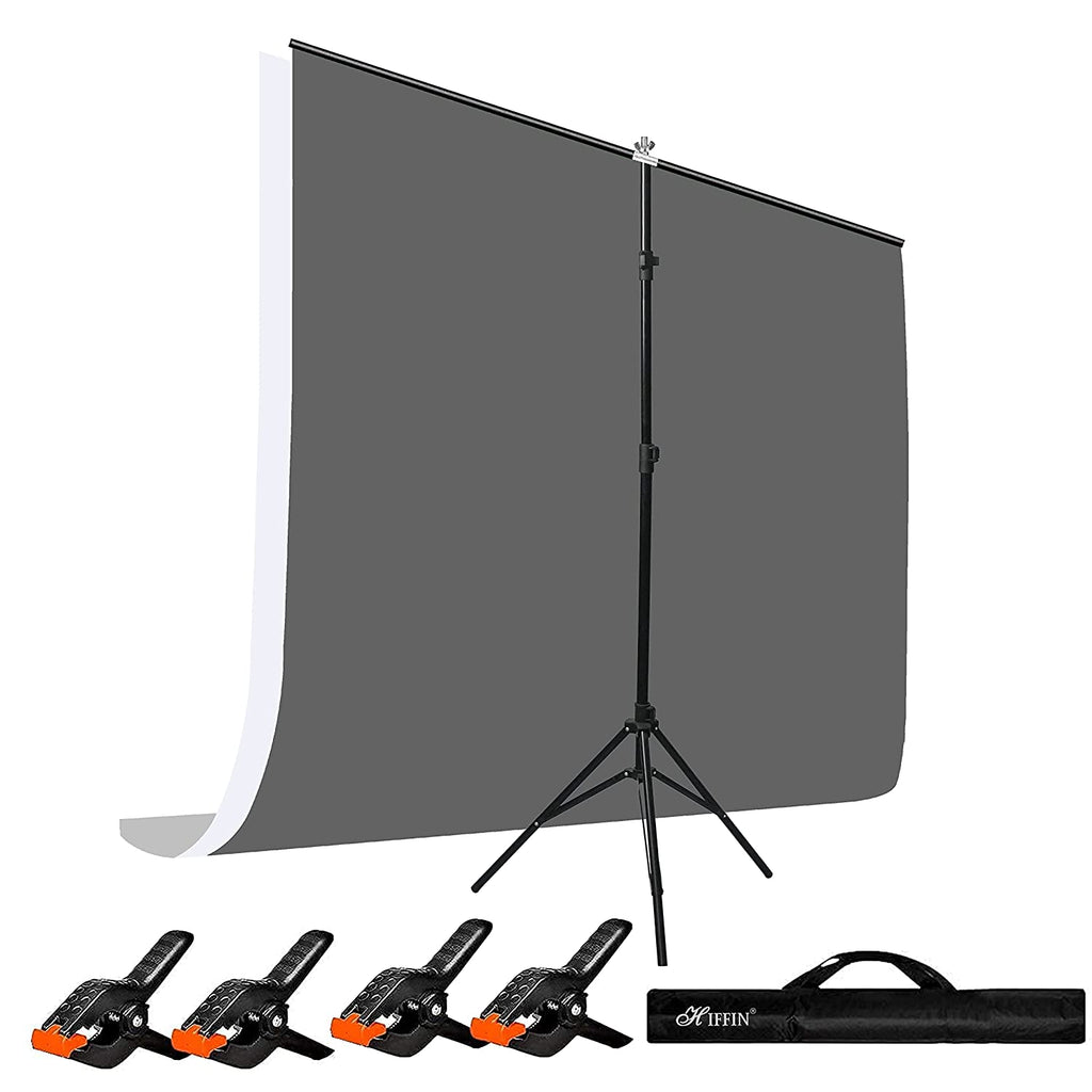 HIFFIN® White|Grey Screen Backdrop 6x10 ft with Stand -6x9FT Photography Backdrop with 1PC 6.5FT T-Shape Backdrop Stands, 4PCs Spring Clamps, 1PCs Carry Bag