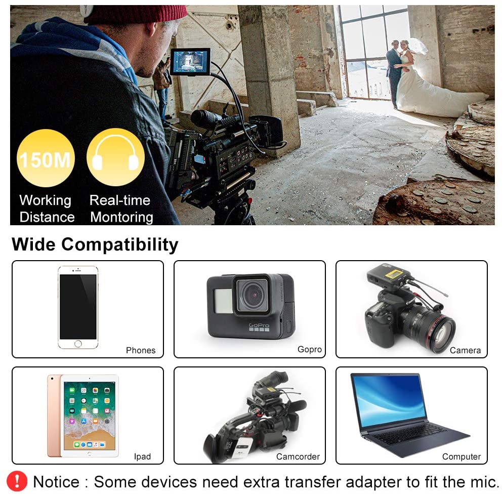 Wireless Lavalier Microphone System, LENSGO LWM-338C 99-Channel UHF Full Metal Professional Omnidirectional Wireless Lapel Mic for Canon Nikon DSLR Camera Smartphone Camcorder Video Recording (RX+TX)