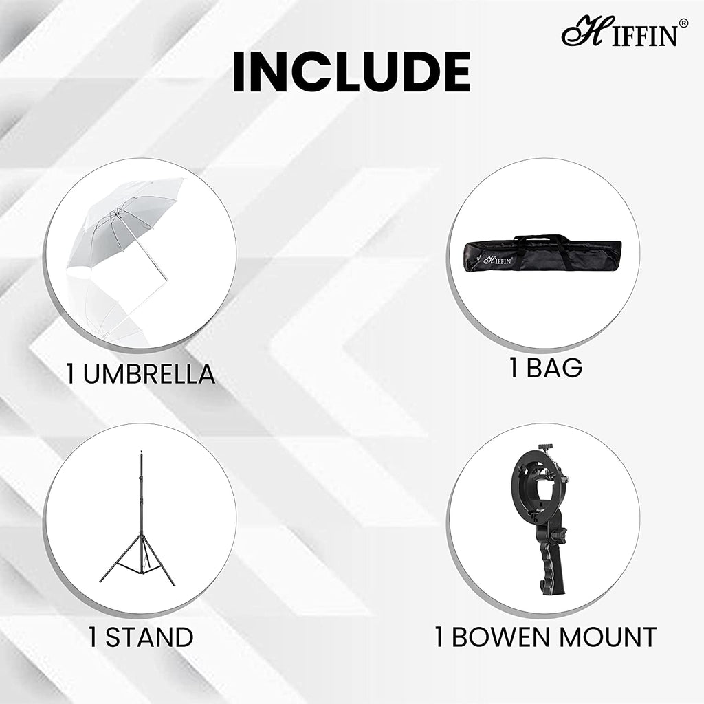 HIFFIN® S-Type Bracket Holder with Bowens Mount Kit with 9ft Light Stand Mark I for Speedlite Flash Snoot Softbox Beauty Dish Reflector Umbrella 9ft Light Stand| Umbrella |Carry Bag