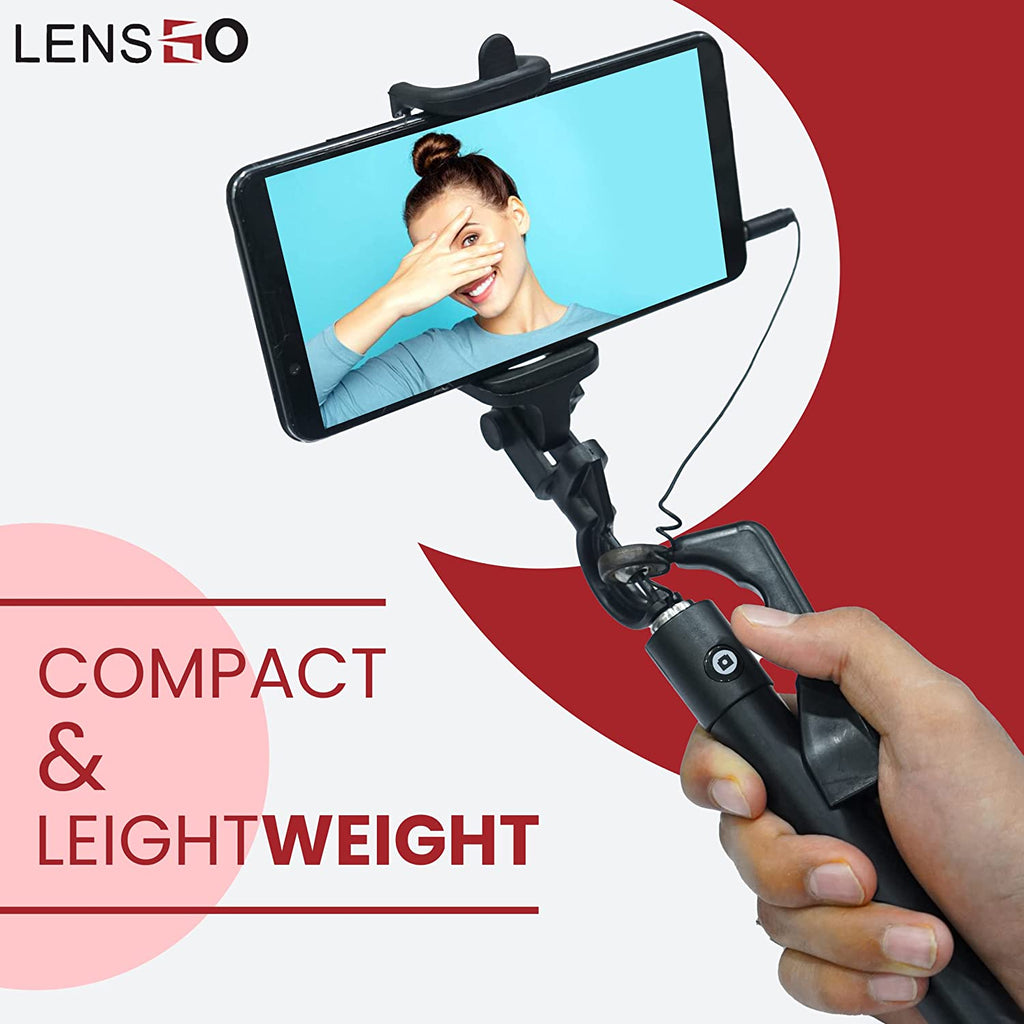 Lens GO Monopod Selfie Stick with Hand Stabilizer for Mobile Phone & Go Pro for clicking Photos & Making Video with Attached AUX Cable | for iPhone and Android Mobile Phones | Black