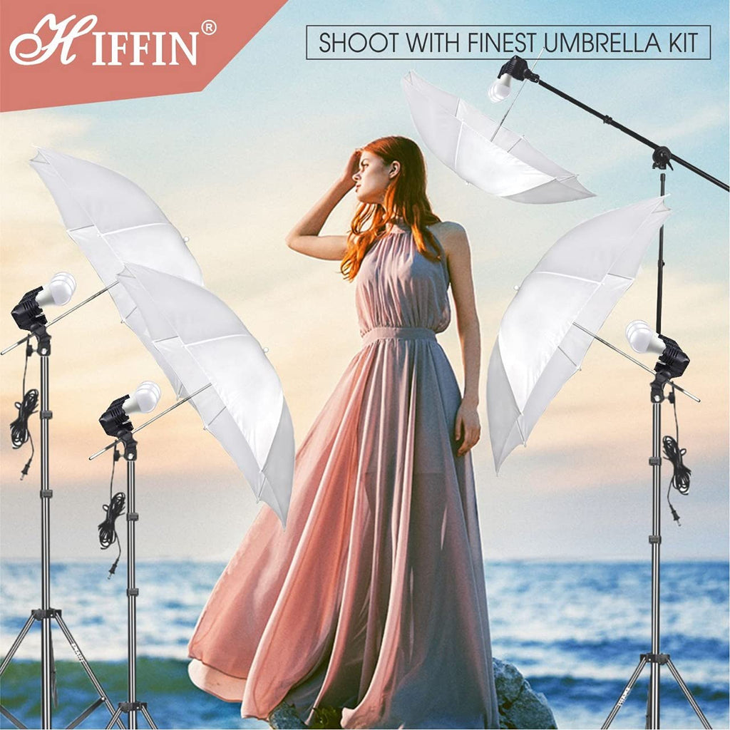 HIFFIN® E27 4 Point Studio Holder Kit Umbrella White + Studio Light Stand 9 FT Bulb Holder KIT Mark IIII | 4 Triple Holder | 4 Light Stand 9ft | 4 Umbrella | 12 x 20 W LED Bulb | 1 Boom | 1 Bag