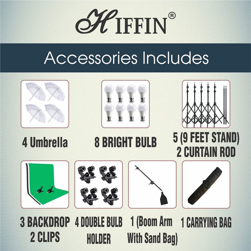 HIFFIN® White Black Green Screen Backdrop 8x12 ft with 9 ft Stand - 3 Packs 6x9 ft Photography Backdrop with 2 Pcs Spring Clamps, 1PCs Carry Bag (T Shape Kit C2 C3 B|W|G & Double Holder Kit M4)
