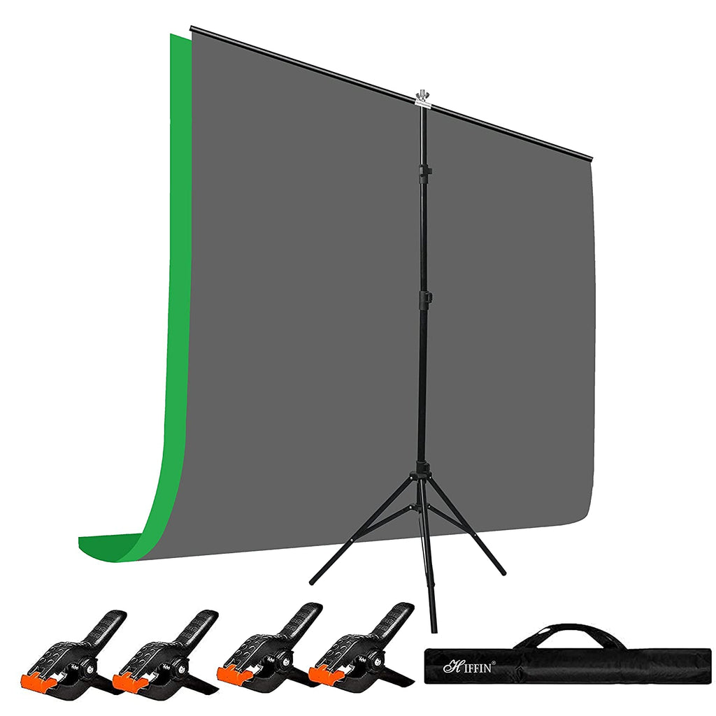 HIFFIN® Green|Grey Screen Backdrop 6x10 ft with Stand -6x9FT Photography Backdrop with 1PC 6.5FT T-Shape Backdrop Stands, 4PCs Spring Clamps, 1PCs Carry Bag