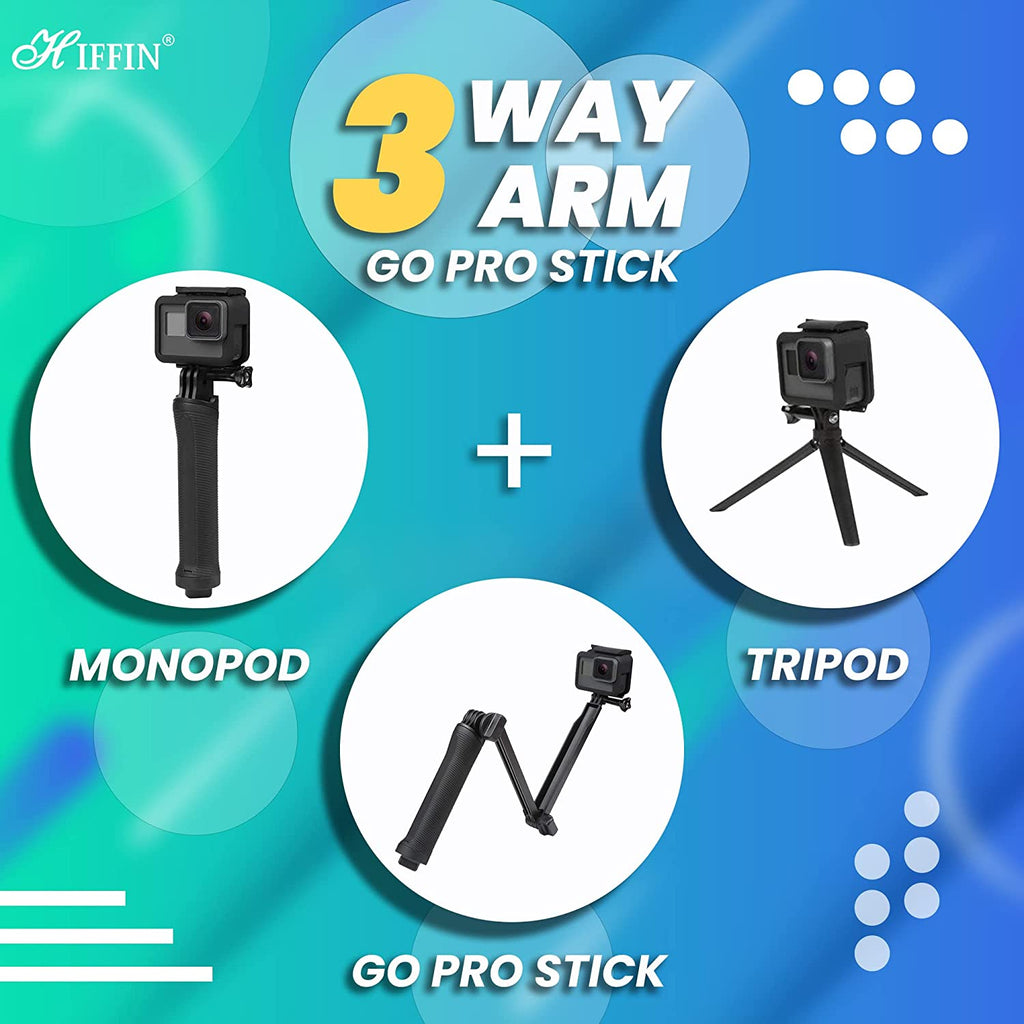 3-Way Arm Tripod Monopod Selfie Stick Phone GoPro 9 8 Hero 7 6 5 4 Action  Camera