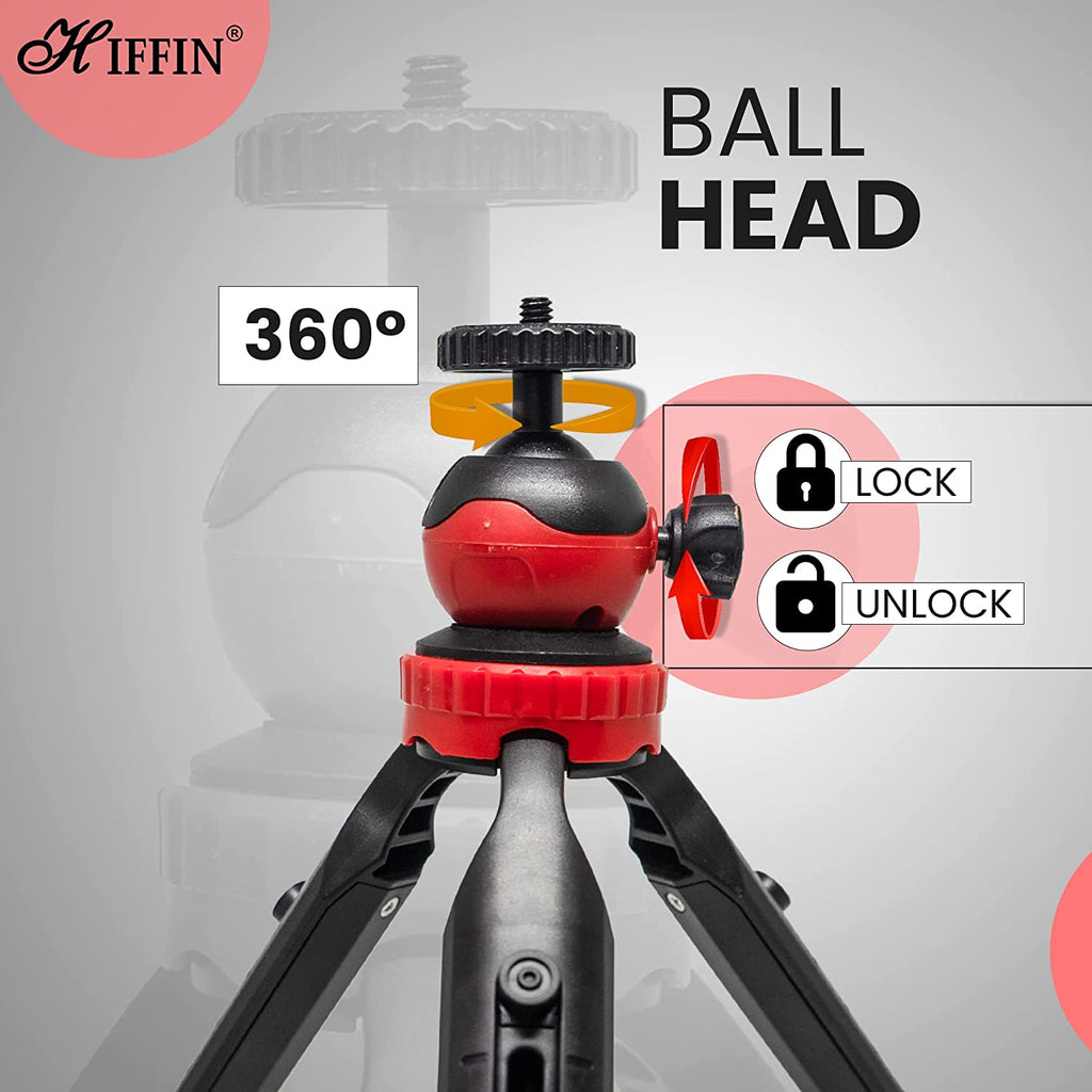 HIFFIN (HF-350) (18CM) Portable & Extendable Mini Tripod with 360 Degree Ball Head & Mobile Holder for Smart Phones | GoPro | DSLR Compact Cameras | Maximum Load Upto : 1 kg