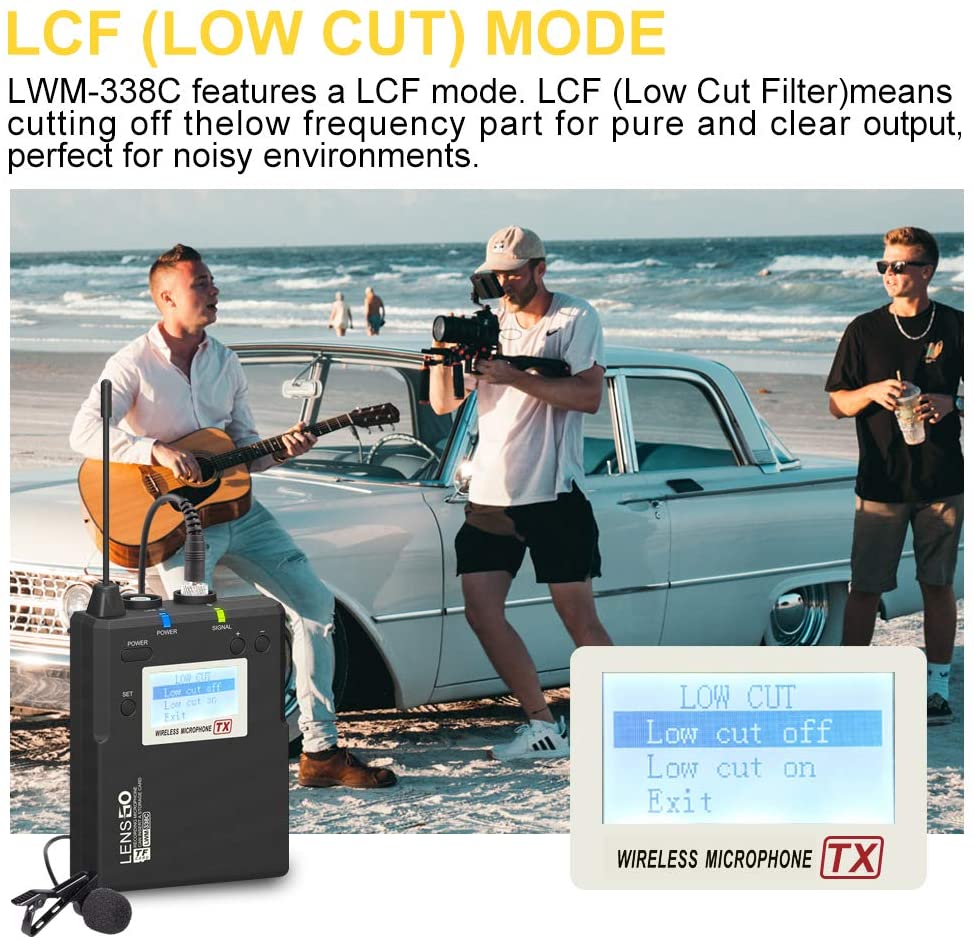 LENSGO LWM-338C Metal 99-Channel Professional Omnidirectional Wireless Lavalier Microphone System UHF Dual Transmitter and 1 Receiver Wireless Lav Lapel Mic for Camera DSLR Smartphone Video Recording