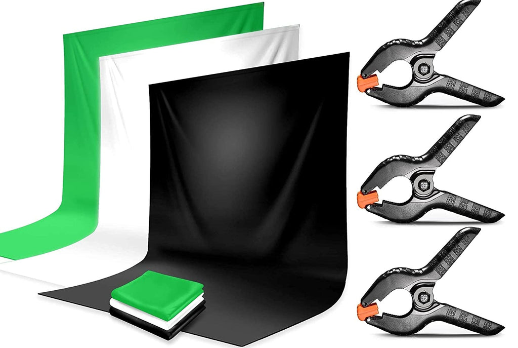 HIFFIN® 8 x 12 FT White | Black | Green LEKERA Backdrop Photo Light Studio Photography Background with 3 pcs Backdrop Support Spring Clamp 4.3"/11cm