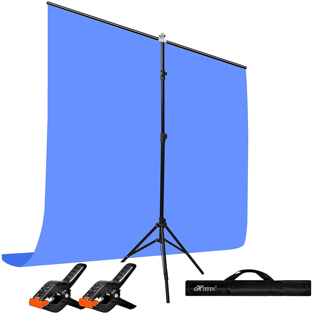HIFFIN® Blue Screen Backdrop 6x10 ft with Stand -6x9FT Photography Backdrop with 1PC 6.5FT T-Shape Backdrop Stands, 2PCs Spring Clamps, 1PCs Carry Bag