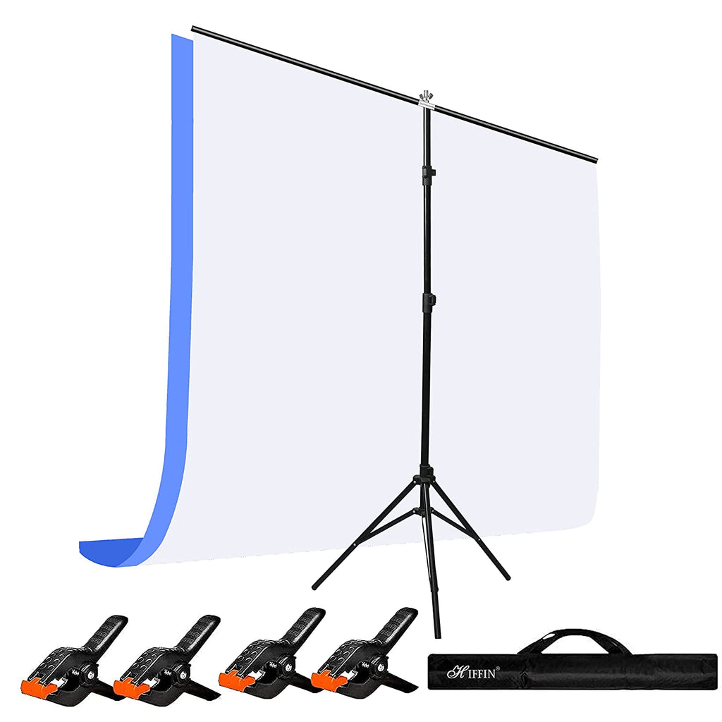 HIFFIN® Blue|White Screen Backdrop 6x10 ft with Stand -6x9FT Photography Backdrop with 1PC 6.5FT T-Shape Backdrop Stands, 4PCs Spring Clamps, 1PCs Carry Bag