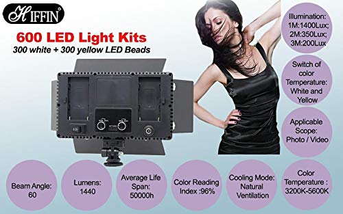 HIFFIN® HF-600 Mark II Bi-Color Continuous Dimmable Professional LED Photo & Video Light Dual Kit with AC Power Adapter for Film Making,YouTube Shooting,Studio Videography, (HIFFIN HF-600 Mark II)