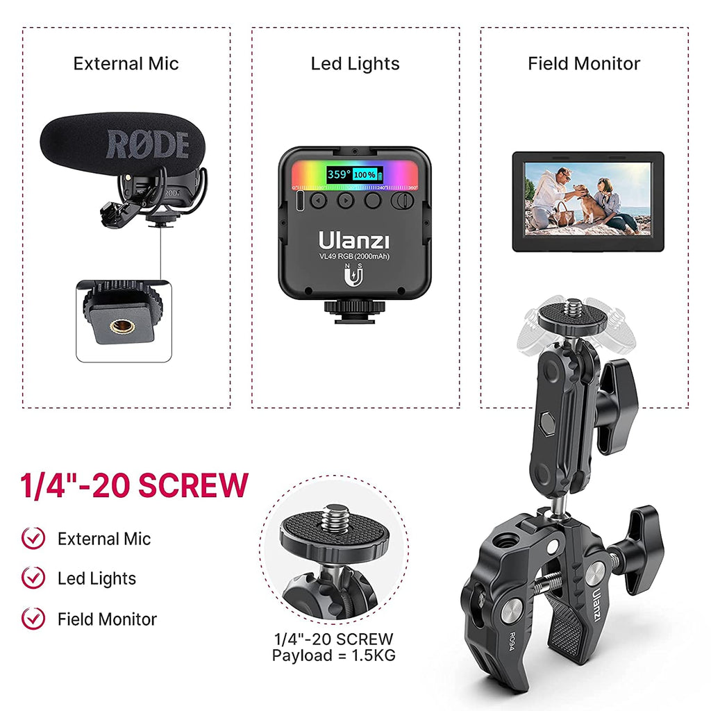 ULANZI Super Clamp Camera Clamp Mount Monitor 360° Ballhead Magic Arm Double Ball Head Adapter with 1/4"-20 & 3/8"-16 Thread for Canon Nikon DSLR Camera/Gopro/LED Lights/Ronin-M/Ronin MX/Freefly MOVI