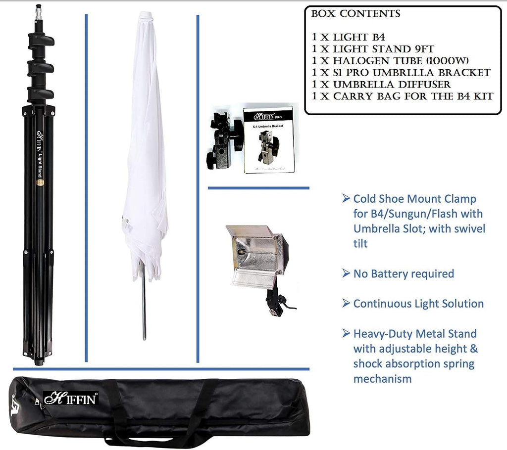 HIFFIN® Studio Home 33 Umbrella Stand Setup with S1 Pro Bracket Umbrella Adapter B-Bracket and Stand Single Set with Continuous/Video Light with 1000 Watt Halogen Tube B4 Light kit Set of 1