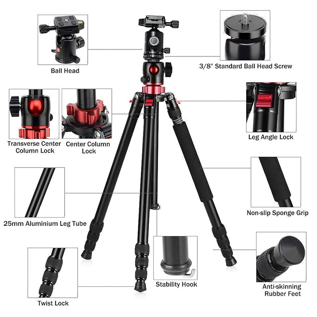 HIFFIN HF-550 Tripod, 65" Special Quality Camera Tripod for Canon Nikon DSLR, Aluminum Alloy Tripod with 360 Degree Ball Head, Professional Tripod for Travel and Work