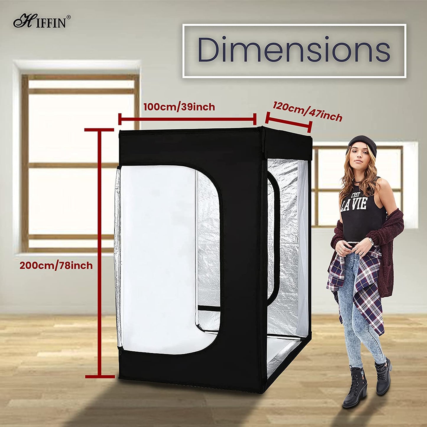 HIFFIN® Photo Studio Soft Box 80cm x 120cm x 200cm Portable Light Tent with Magnet 6 LED Strips and 3 Background White,Black,Light Yellow with AC Adapter for Body Portrait Apparel Photo Shooting