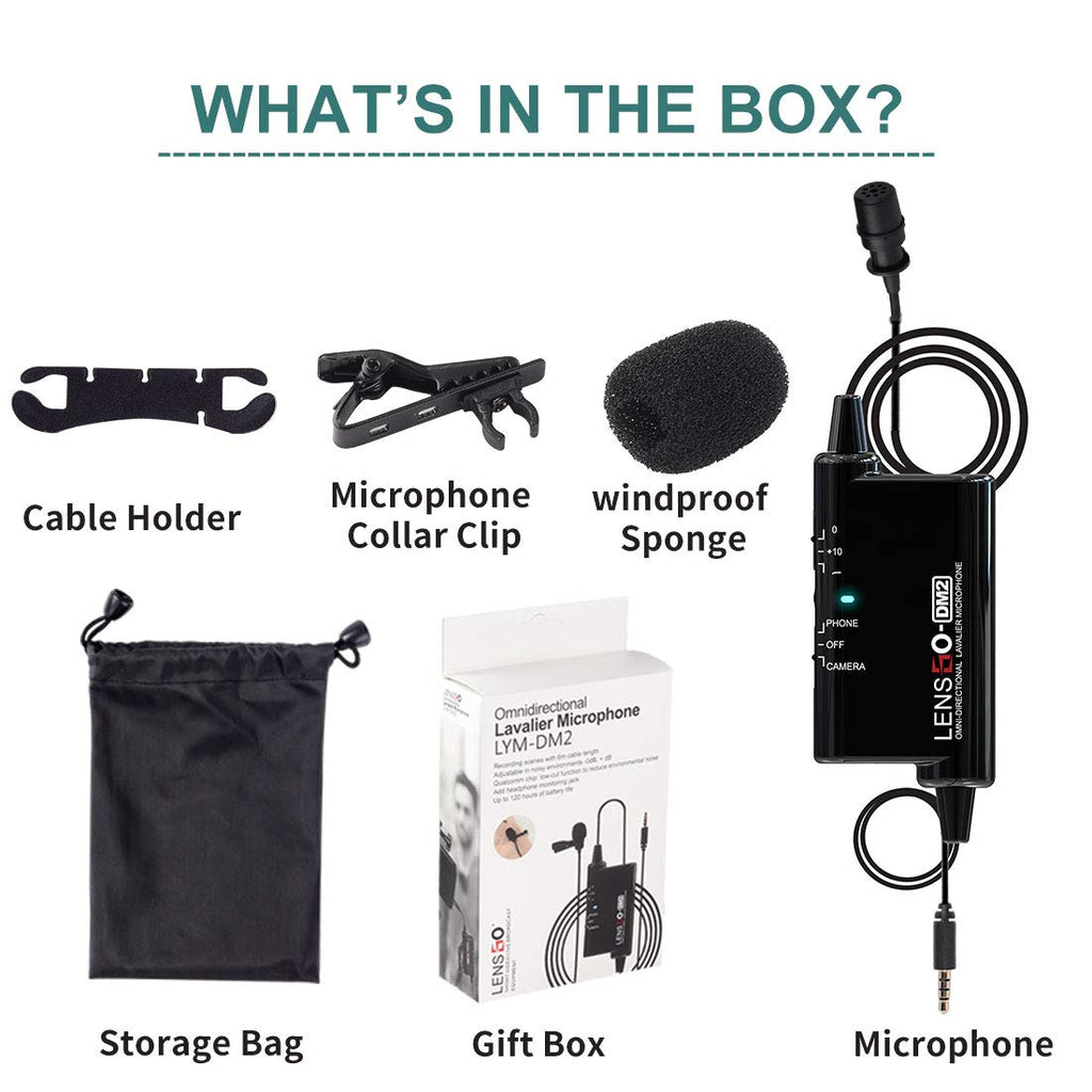 LENSGO Professional Lavalier Mic SLR 120 Hours Battery Life Camera Phone Recording Live Interview VLOG Wired Recording Studio Lapel Microphone (LYM-DM2)