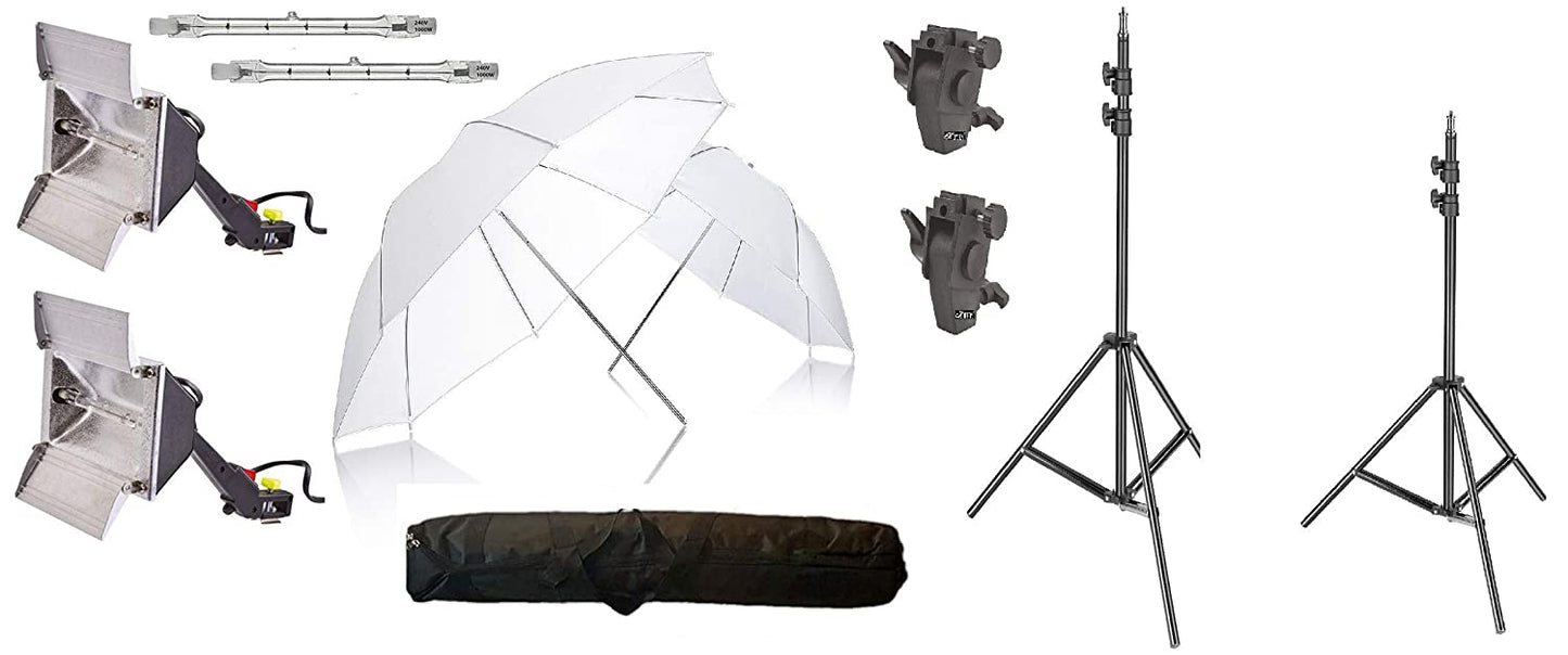 HIFFIN® Studio Home 33 Umbrella Stand Setup with Sungun Pro Bracket Umbrella Adapter B-Bracket and Stand Double Set with Continuous/Video Light with 1000 Watt Halogen Tube B4 Light kit Set of 2