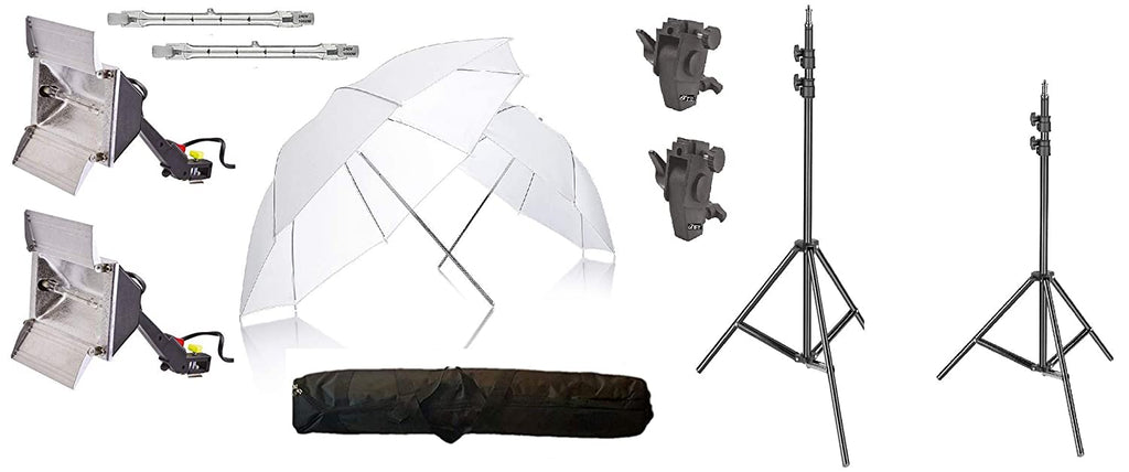 HIFFIN® Studio Home 33 Umbrella Stand Setup with Sungun Pro Bracket Umbrella Adapter B-Bracket and Stand Double Set with Continuous/Video Light with 1000 Watt Halogen Tube B4 Light kit Set of 2