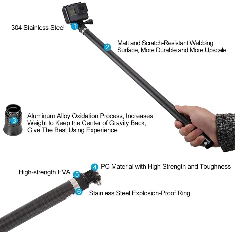 TELESIN 106" Ultra Long Selfie Stick Lightweight High Tenacity Carbon Fibre Extendable Handheld Monopod for Gopro 6 5 4 3+ 3 2 1 Session Digital Camera & Most of the Digital Camera