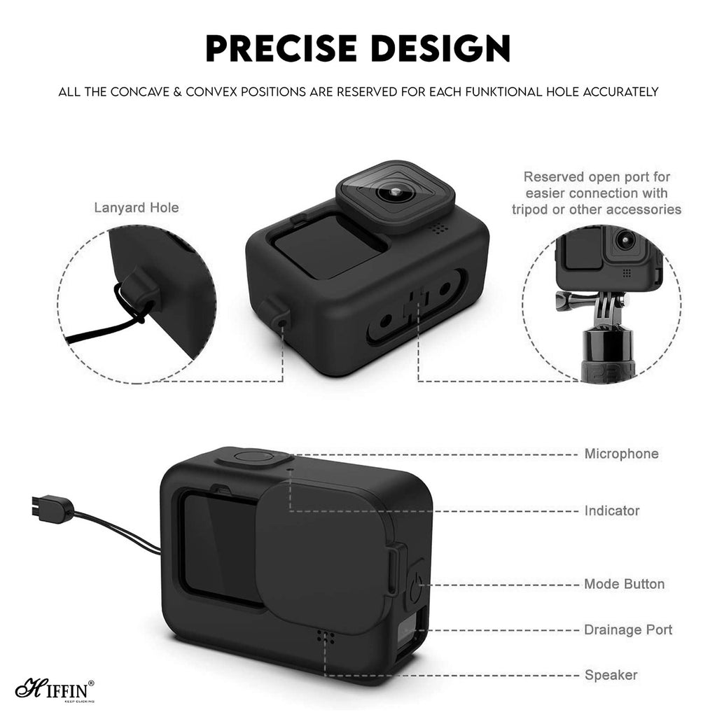 HIFFIN® Silicone Lanyard Sleeve Protective Cover + 3 PCS Tempered Glass Screen Guard with Silicone Lens Cover Compatible with Go Pro Hero 9 Black Action Camera Accessories (Black + Screen Guard)