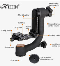 HIFFIN Professional Heavy Duty Metal 360 Degree Panoramic Gimbal Tripod Head with Arca-Swiss Standard 1/4'' Quick Release Plate and Bubble Level for Digital
