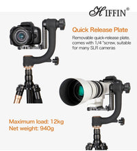 HIFFIN Professional Heavy Duty Metal 360 Degree Panoramic Gimbal Tripod Head with Arca-Swiss Standard 1/4'' Quick Release Plate and Bubble Level for Digital